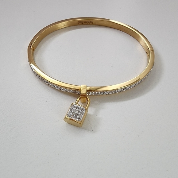 NWT Rhinestone Embellished Lock Charm Stainless Steel Bangle Evening Bracelet - Picture 7 of 7